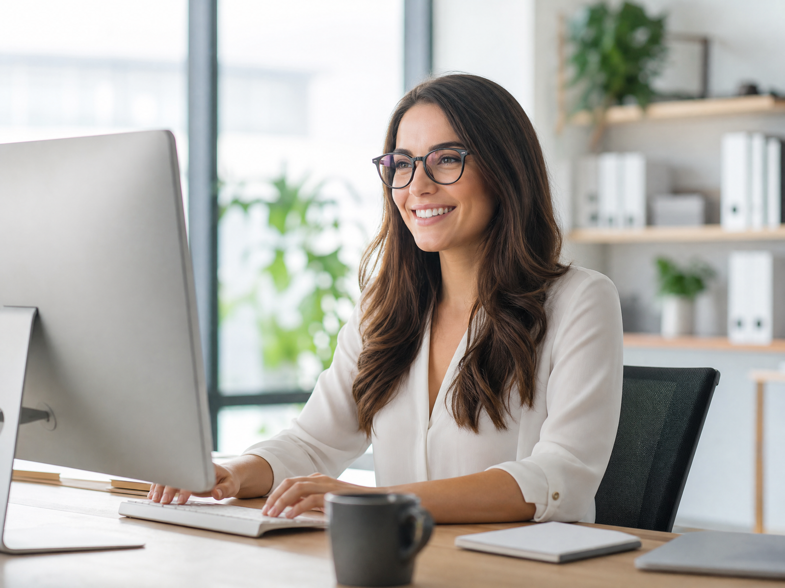 Colaborador corporativo usando óculos trabalhando com conforto em escritório moderno