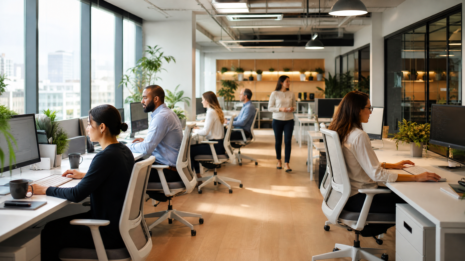 Colaboradores em ambiente corporativo moderno e saudável